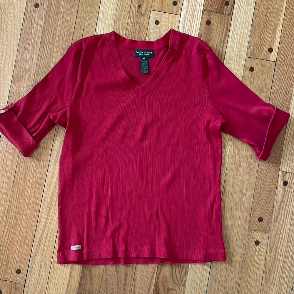 Lauren Jeans Co Ralph Lauren Women Red Rib Knit V-Neck Knit Shirt Cuff Sleeve XL